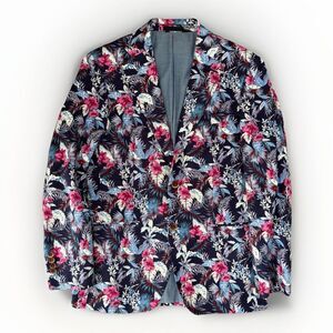 Tallia Blazer Mens Size 38R Blue Slim-Fit Floral Print Suit Jacket Linen Blend